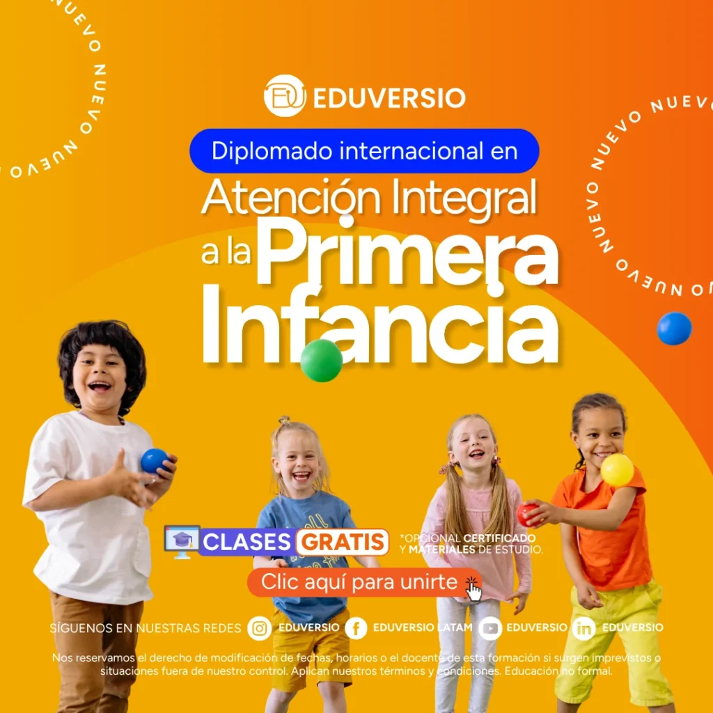 Promotional banner for Eduversio's international diploma in comprehensive early childhood care, featuring four children, free classes, and optional certification and study materials.