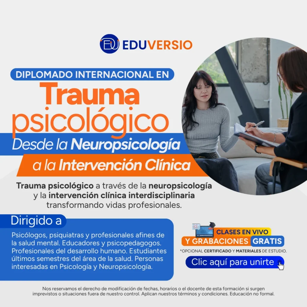 Promotional banner for Eduversio's international diploma in psychological trauma, covering neuropsychology and interdisciplinary clinical intervention, with live classes and recordings available for free.